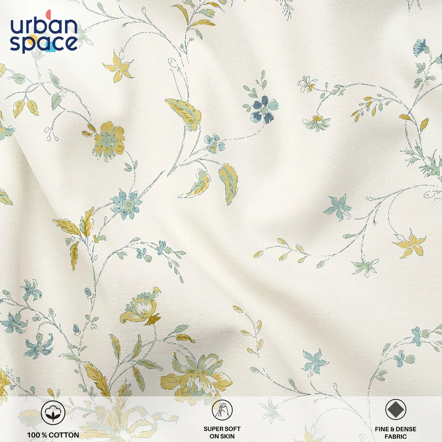 Serene 200 TC 100% Cotton Bedsheet with Pillow Covers - Bloom Pearls Sage Mustard