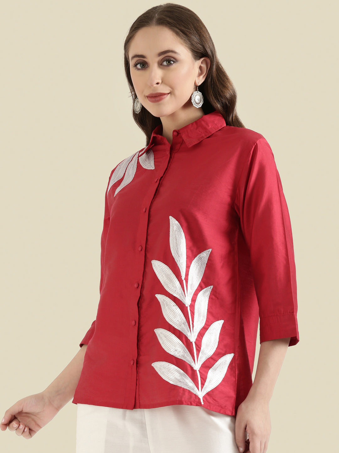 Viscose Sequin Embroidery Classic Collar Blouse