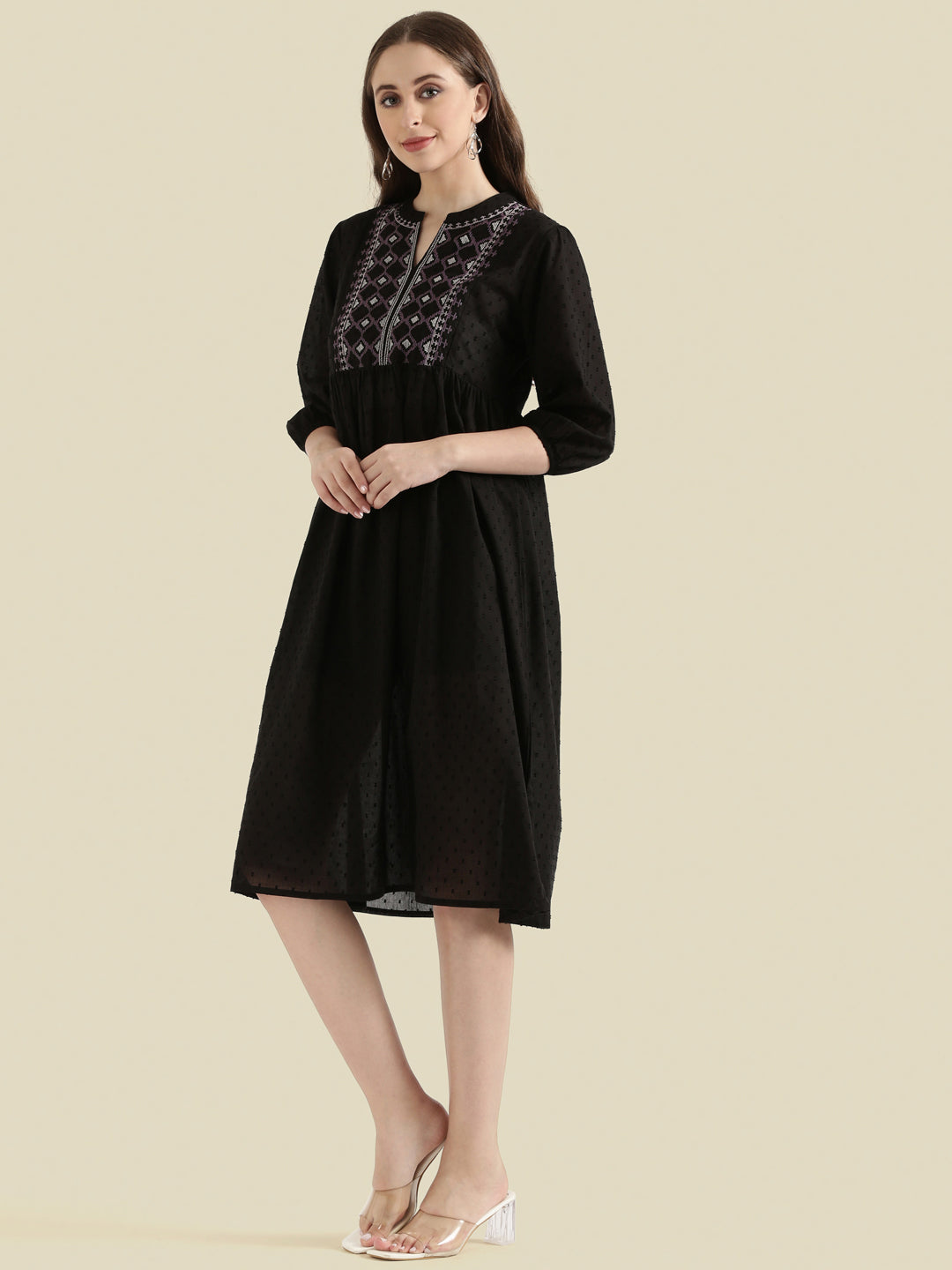 Cotton Dobby Geometric Embroidered Yoke Gathered Midi Dress