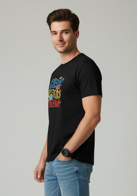 Men Printed Black Cotton Tshirt