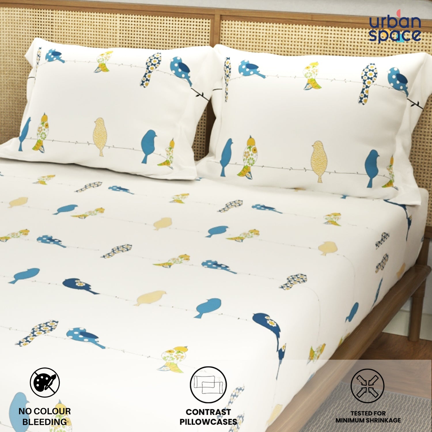 Divine Collection - Cotton Bedsheet With 2 Pillow Covers, Humming Bird Blue