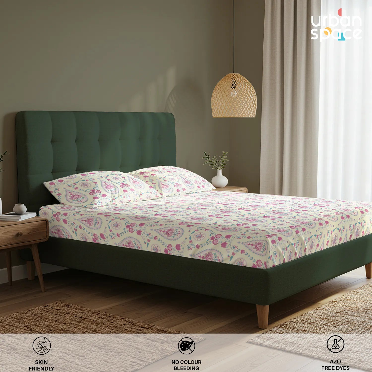Serene 200 TC 100% Cotton Bedsheet with Pillow Covers - Persian Courtyard Pink