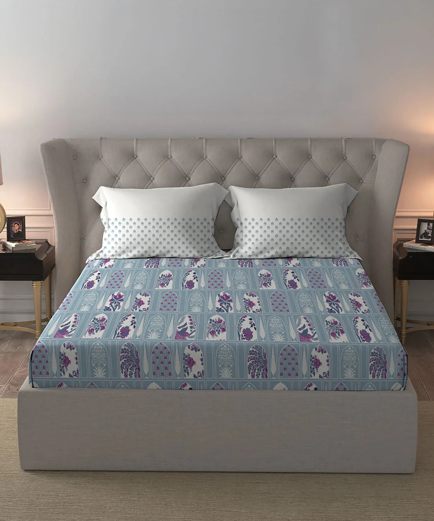Celebration Queen Bedsheet Set, Aangan Blue | 144 TC Cotton| 2 Pillow Covers