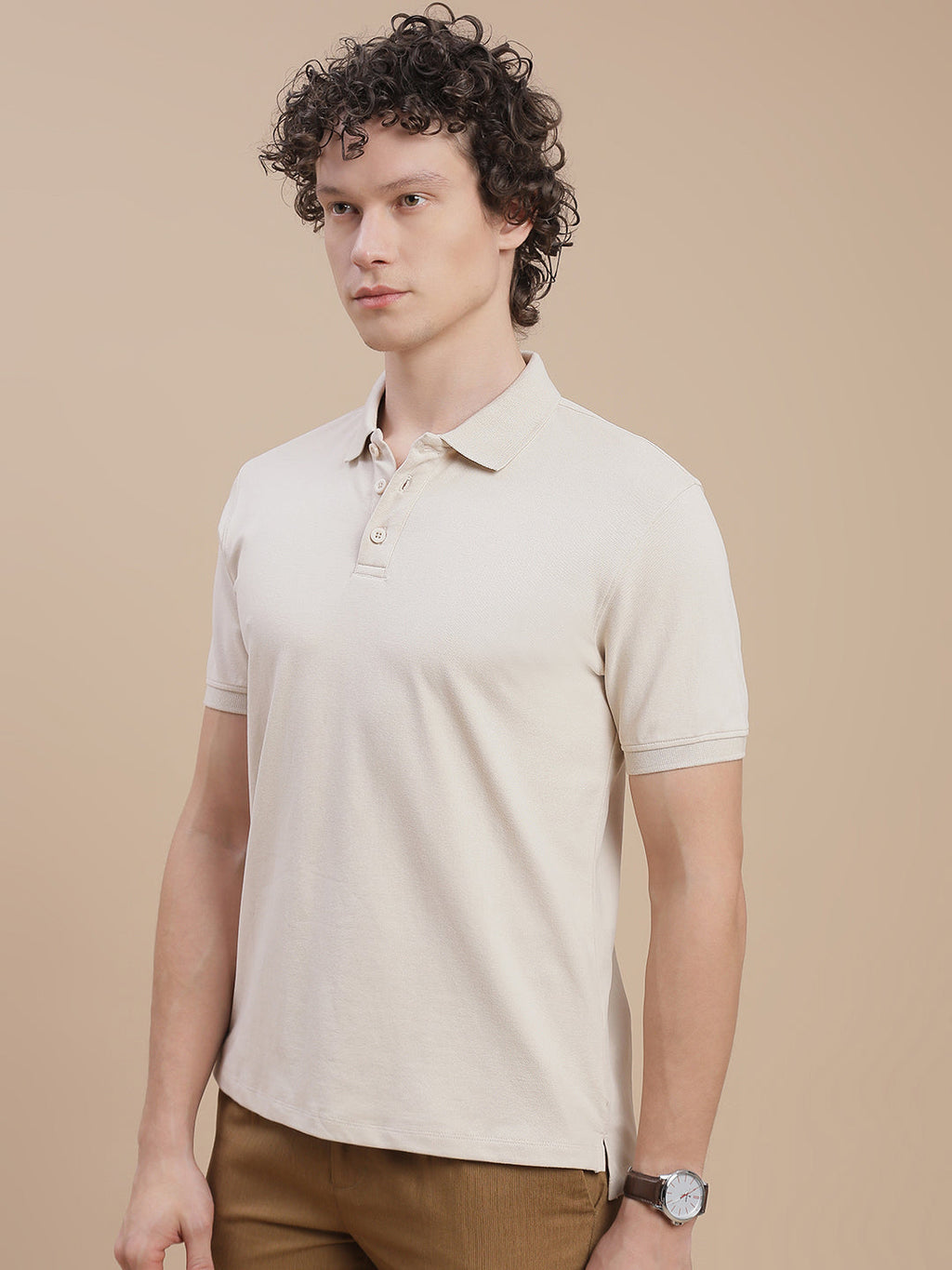 Men Beige Johnny Collar T-Shirt
