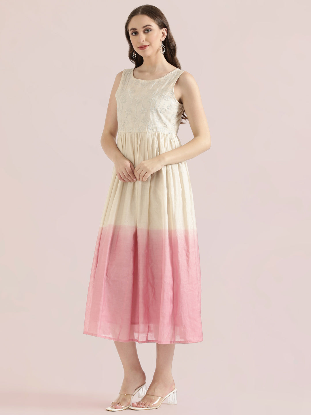 Chanderi Lotus Embroidered Ombre Dip-Dye Gathered Dress