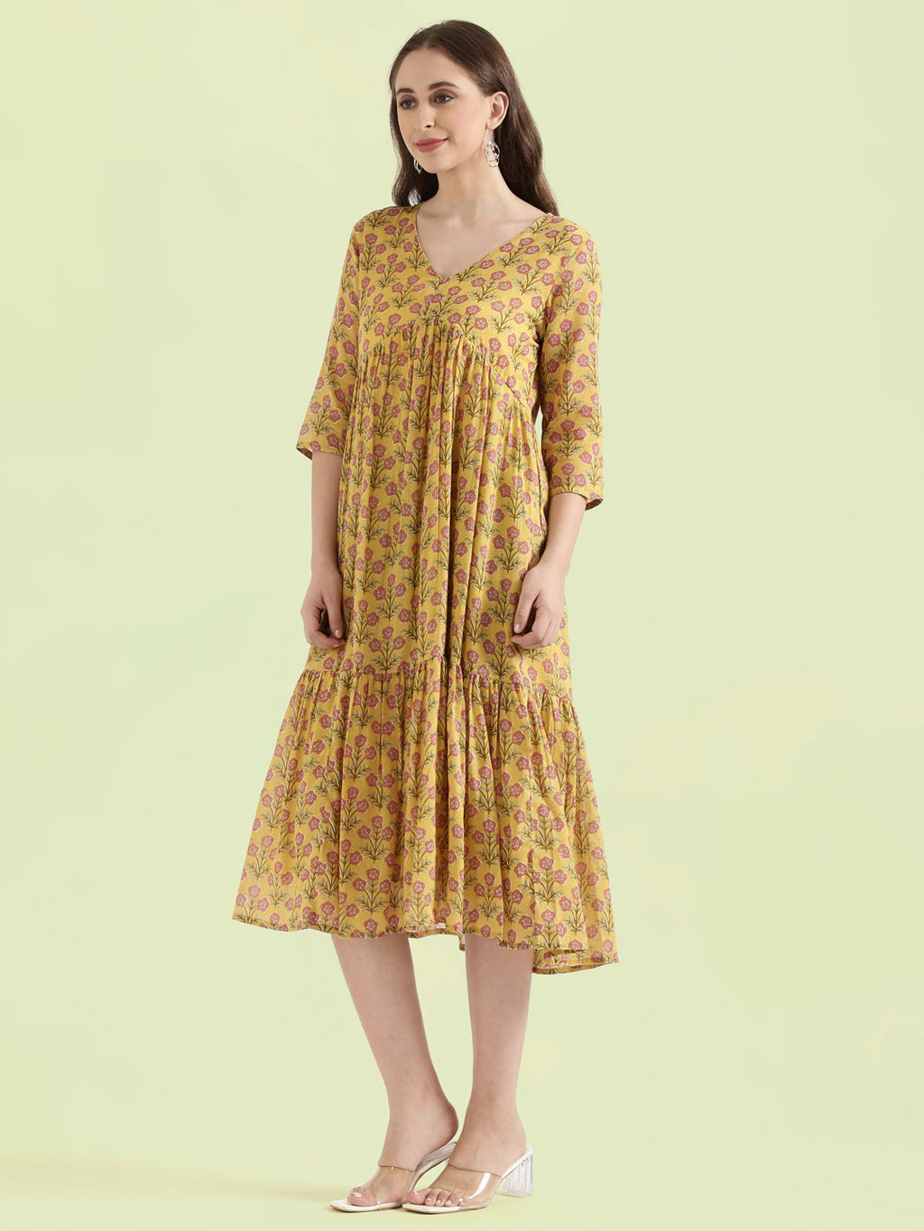 Cotton Voile Block Print V-Neck Gathered Tiered Midi Dress