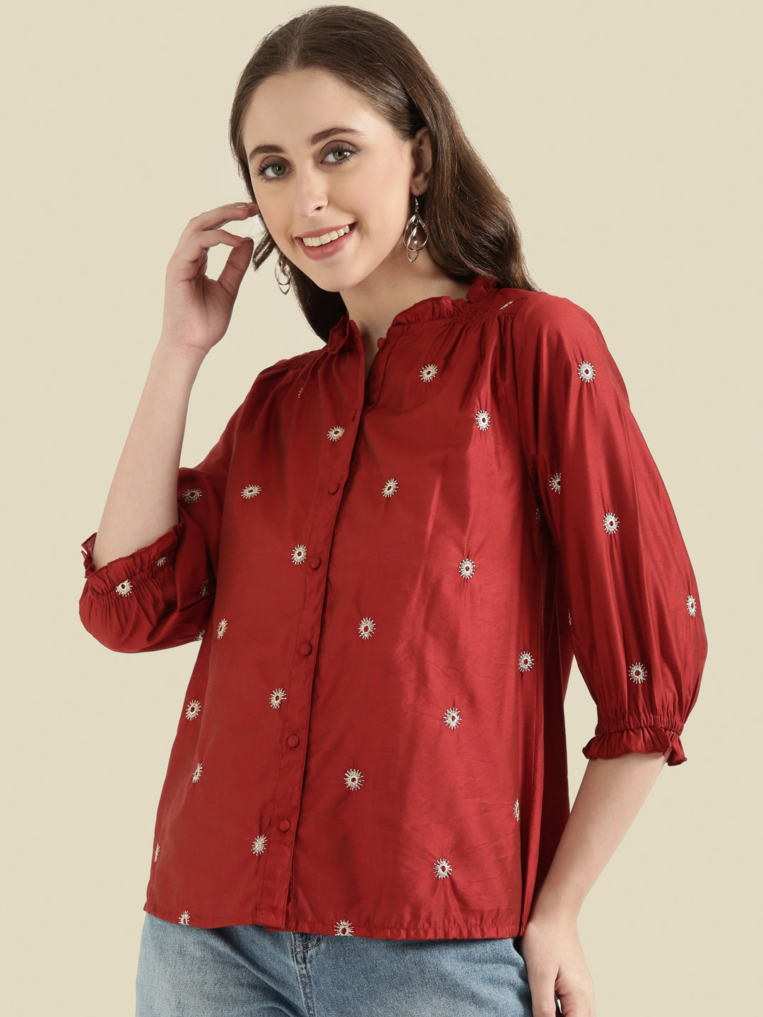 Viscose Zari Embroidery Frill Collar Festive Blouse
