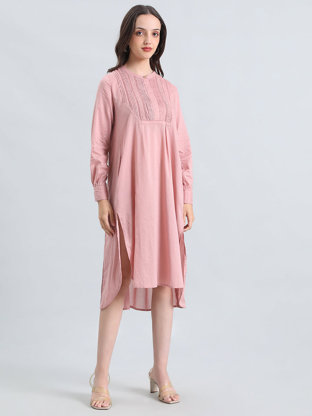 Cotton Pin-Tuck & Lace Trim Mandarin Collar Dress