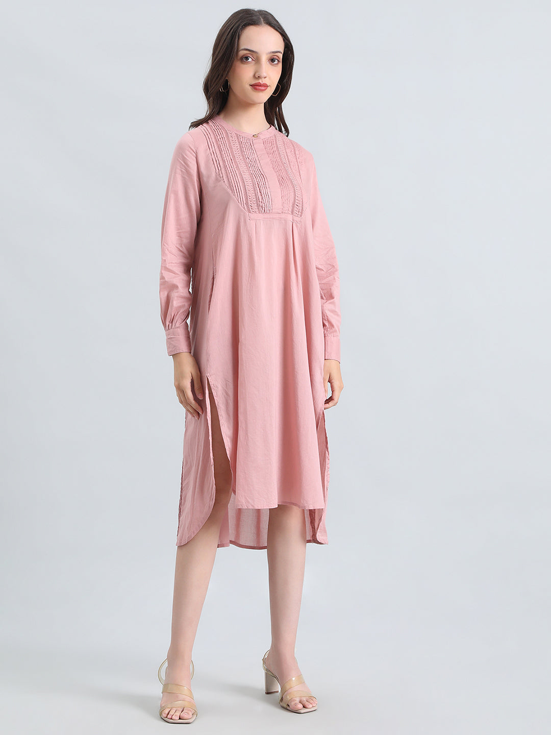 Cotton Pin-Tuck & Lace Trim Mandarin Collar Dress