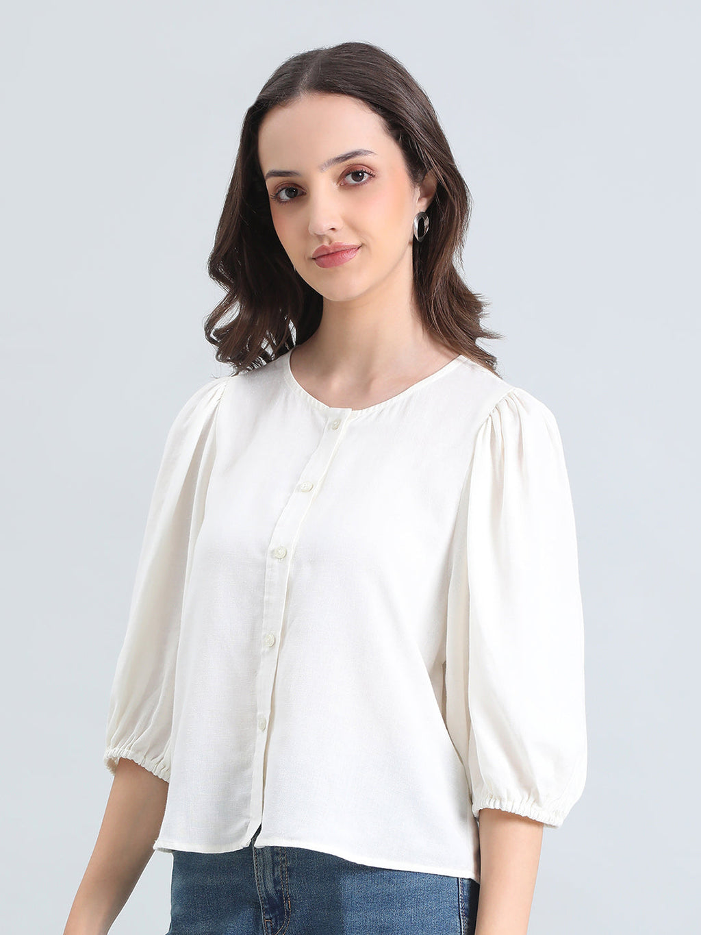 Linen Puff Sleeve Crew Neck Shirt