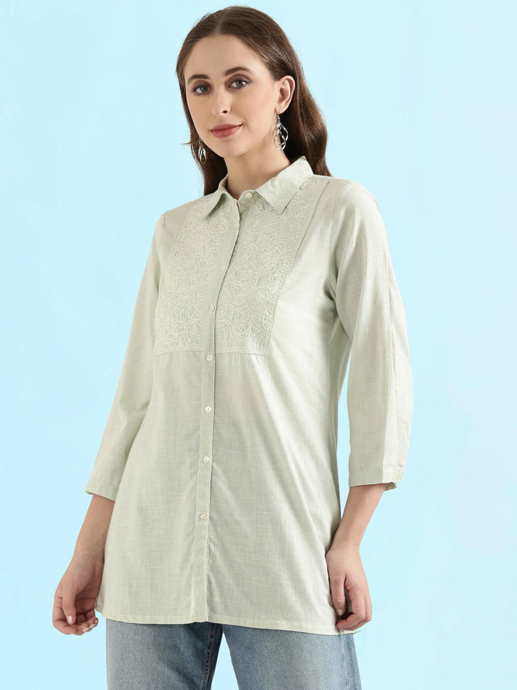 Cotton Thread Embroidered Classic Collar Blouse