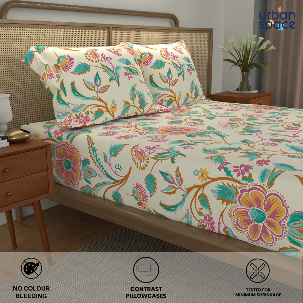 Divine Collection - Cotton Bedsheet With 2 Pillow Covers, Monsoon Buttercream