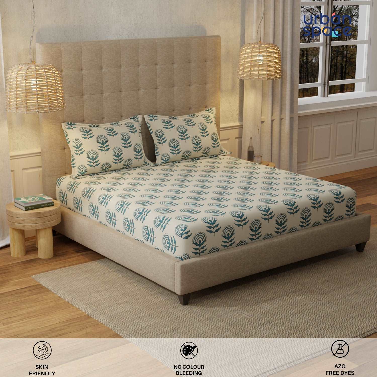 Serene 200 TC 100% Cotton Bedsheet with Pillow Covers - Florabell Blue