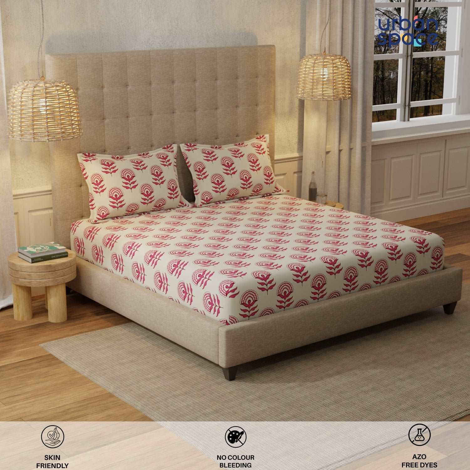 Serene 200 TC 100% Cotton Bedsheet with Pillow Covers - Florabell Cherry Red