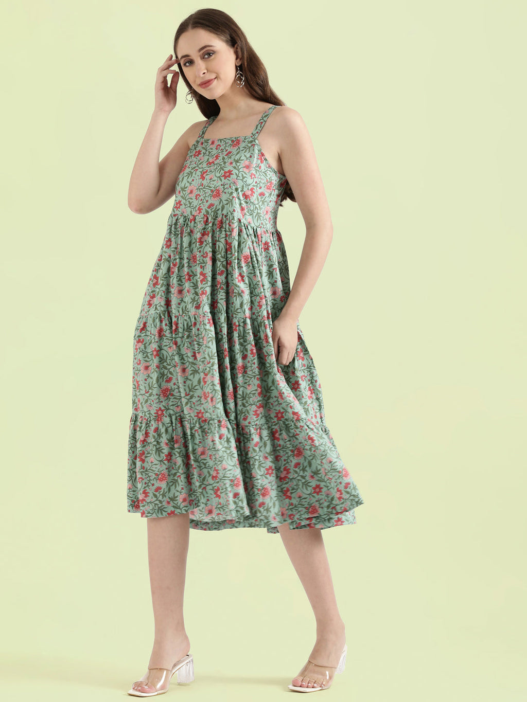 Floral Print Cotton Fit & Flare Square Neck Dress