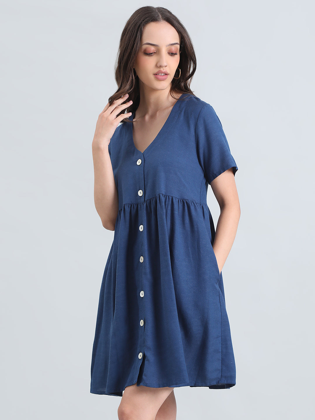 Linen V-Neck Regular Fit Short Dress