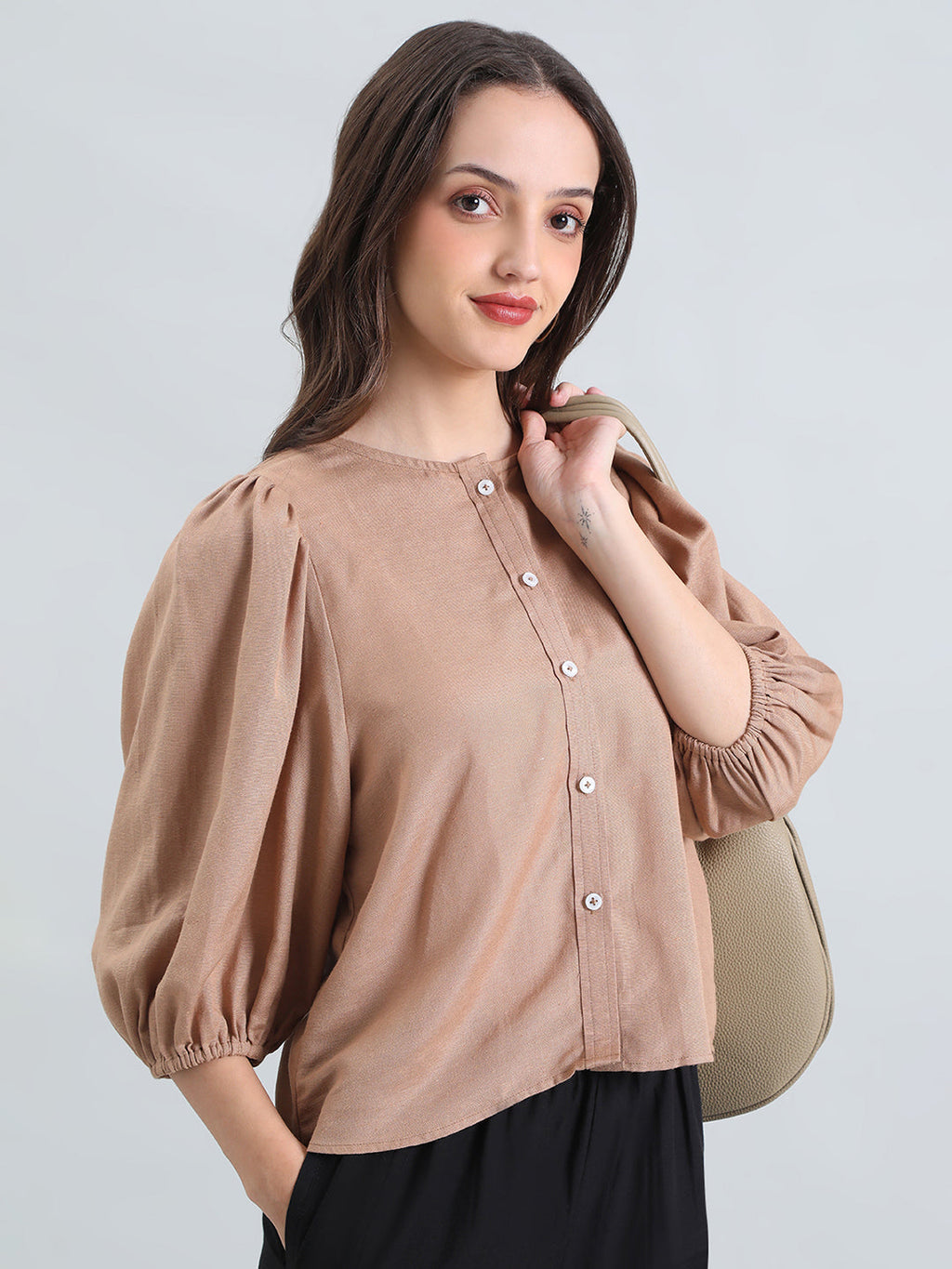 Linen Puff Sleeve Crew Neck Shirt