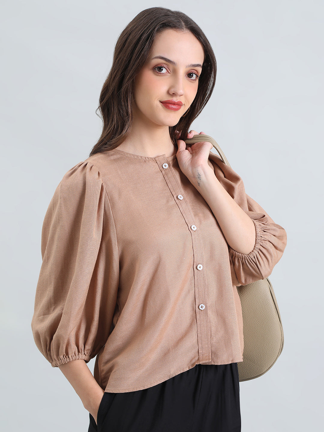 Linen Puff Sleeve Crew Neck Shirt