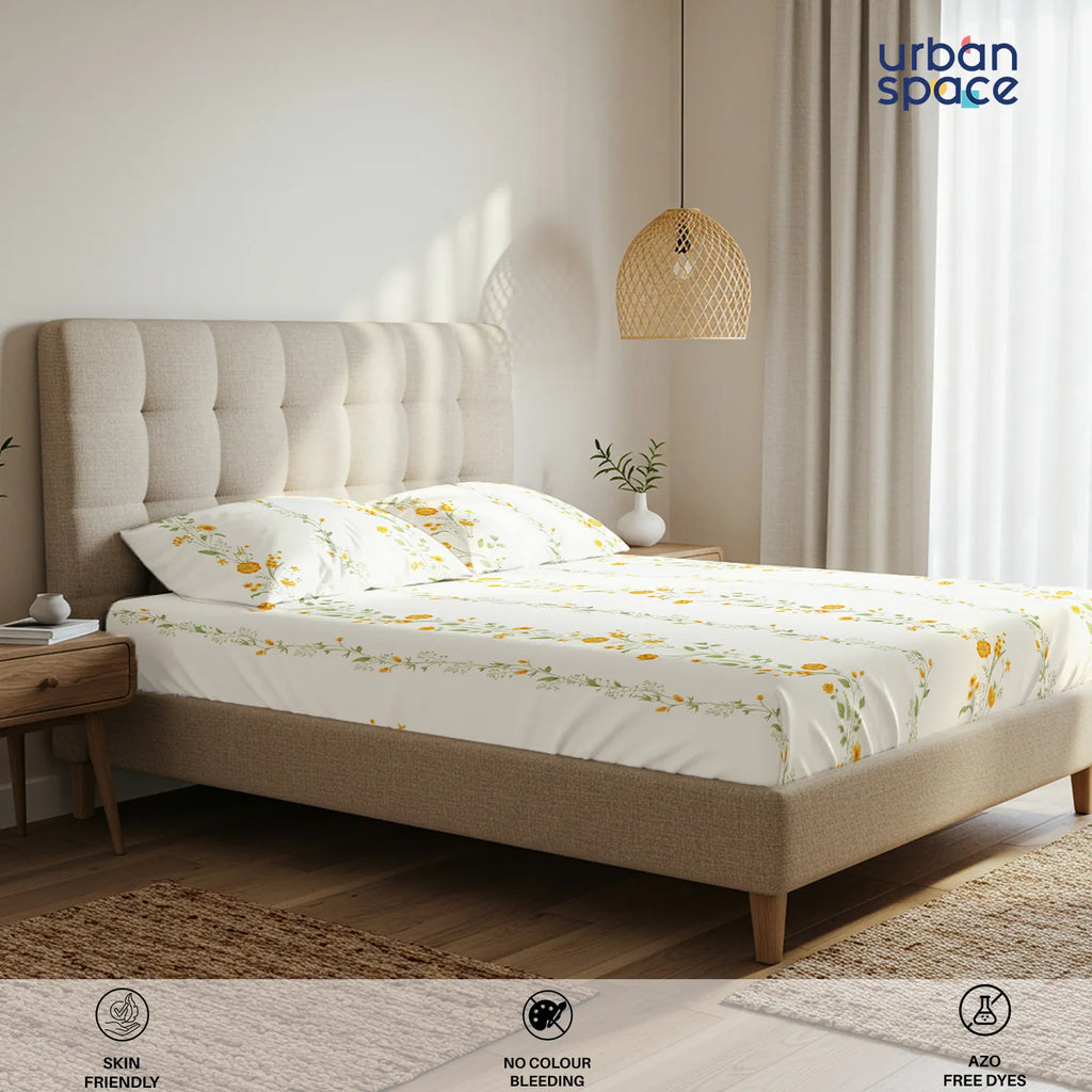Serene Collection - Breathable 200 TC 100% Pure Cotton Bedsheet with Pillow Cover, Veil Bloom- Yellow