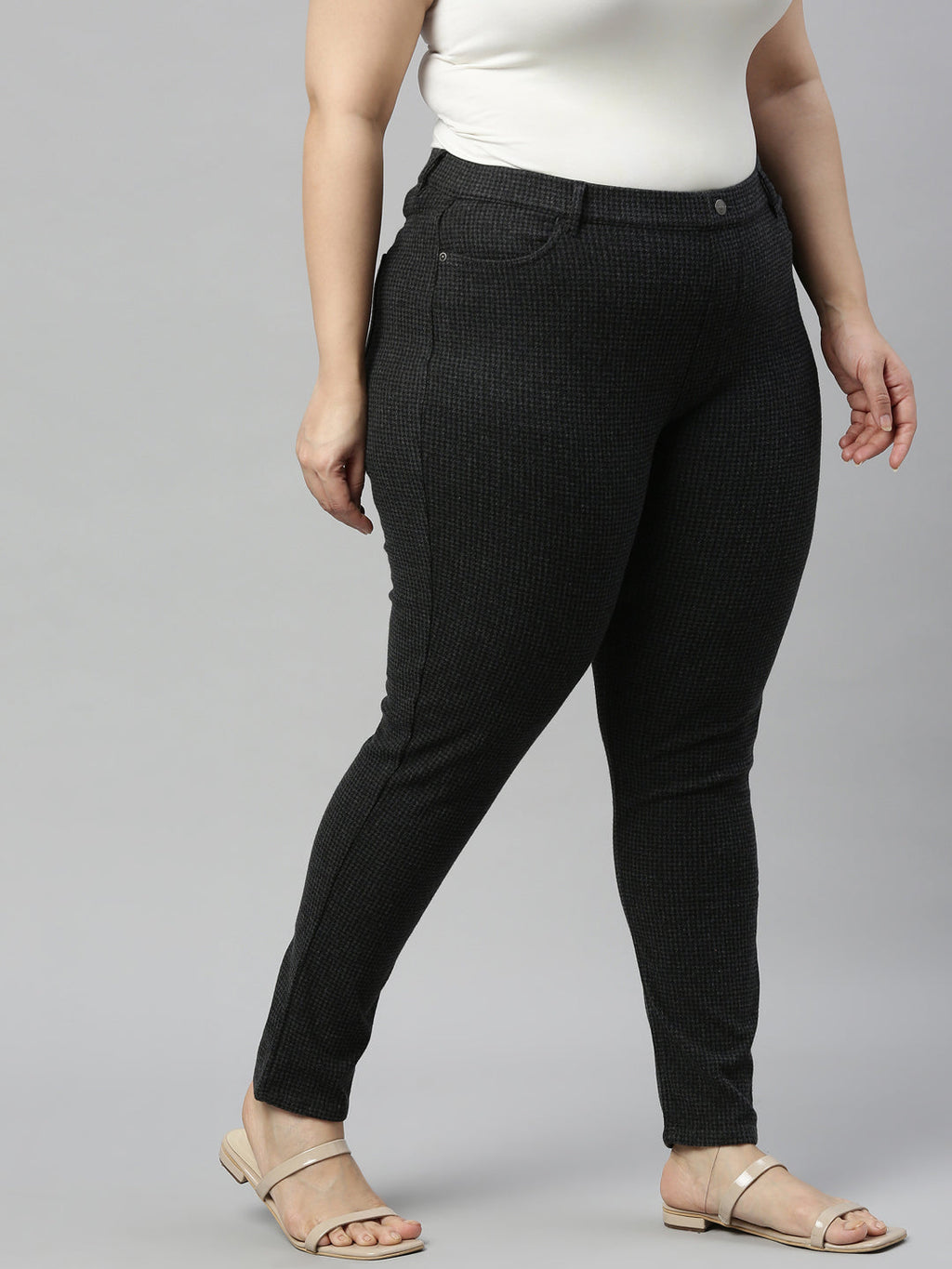 Black Cotton Poly Stretch Stripes Printed Jeggings