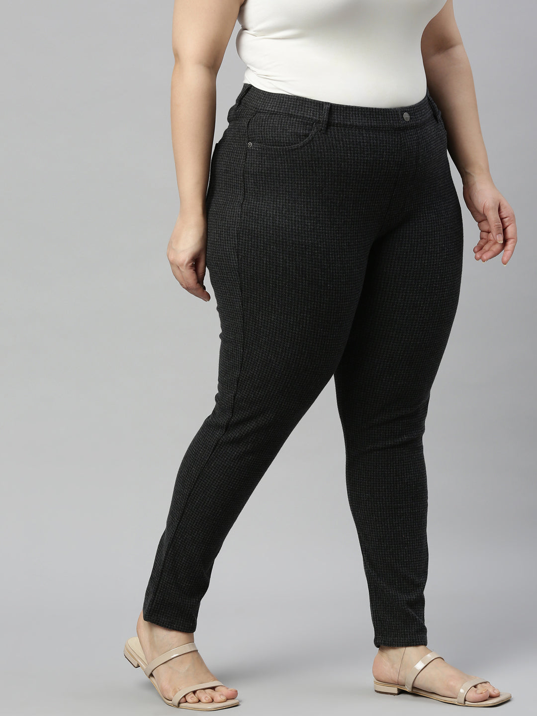 Black Cotton Poly Stretch Stripes Printed Jeggings