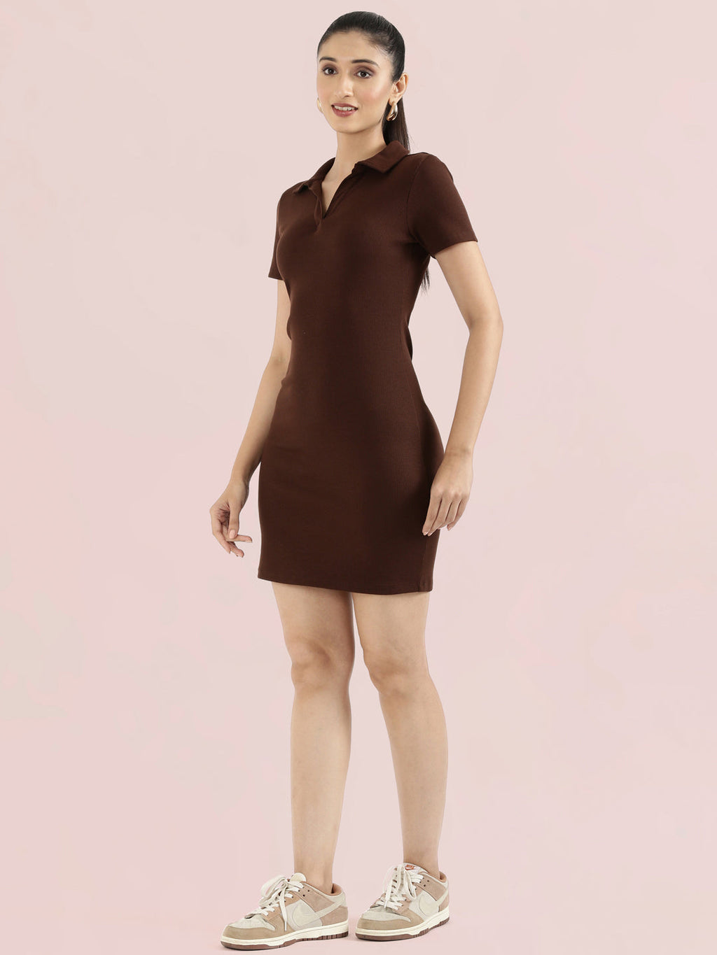 Rib Cotton Slim Fit Polo Neck Short Dress
