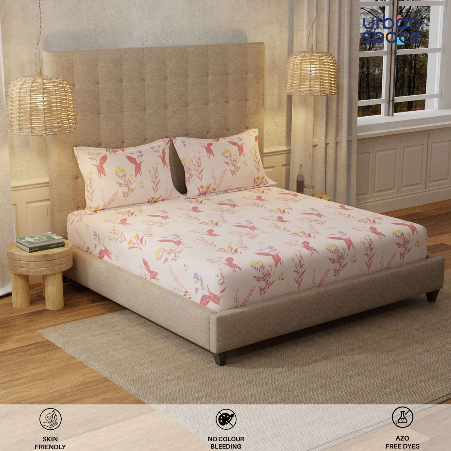 Serene 200 TC 100% Cotton Bedsheet with Pillow Covers - Whisper Peach