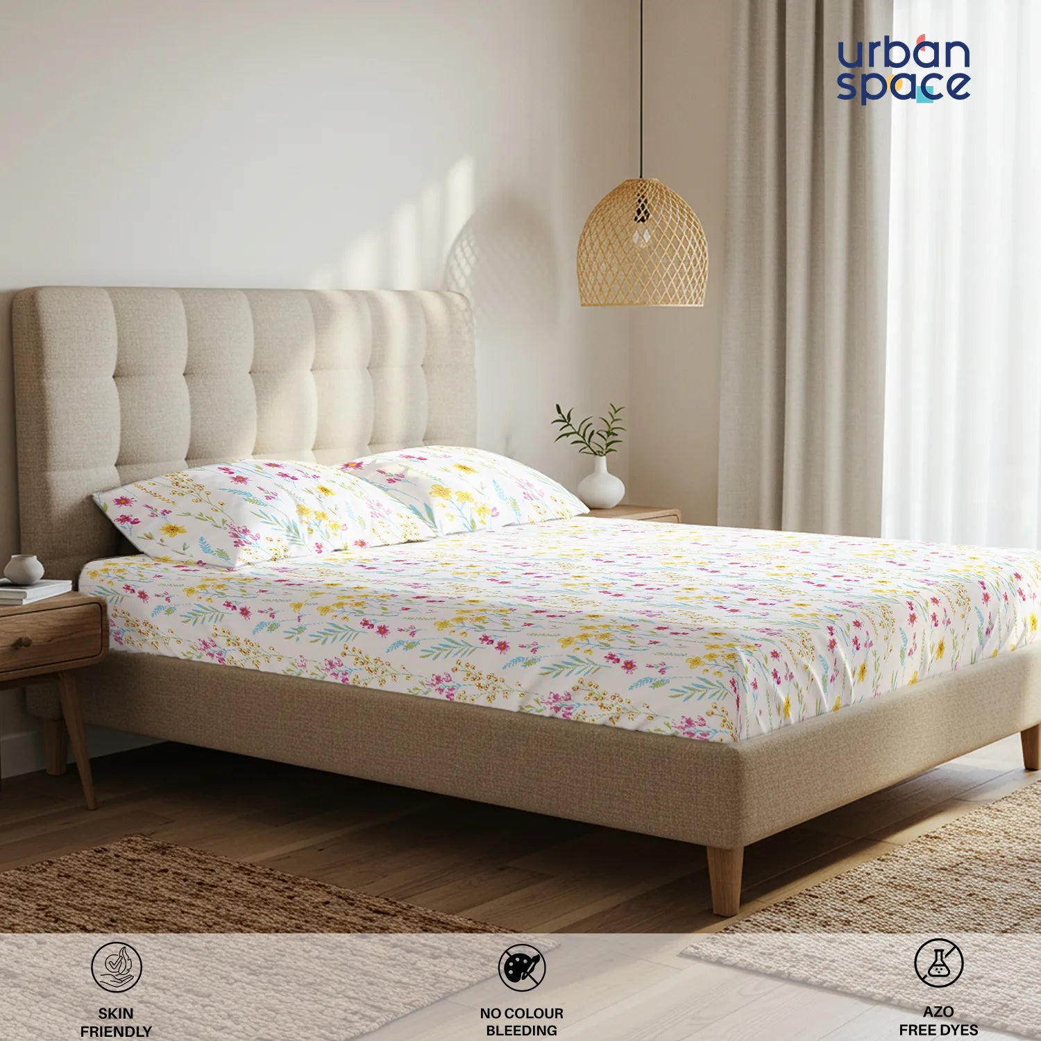 Serene Collection - Breathable 200 TC 100% Pure Cotton Bedsheet with Pillow Cover, France- Yellow