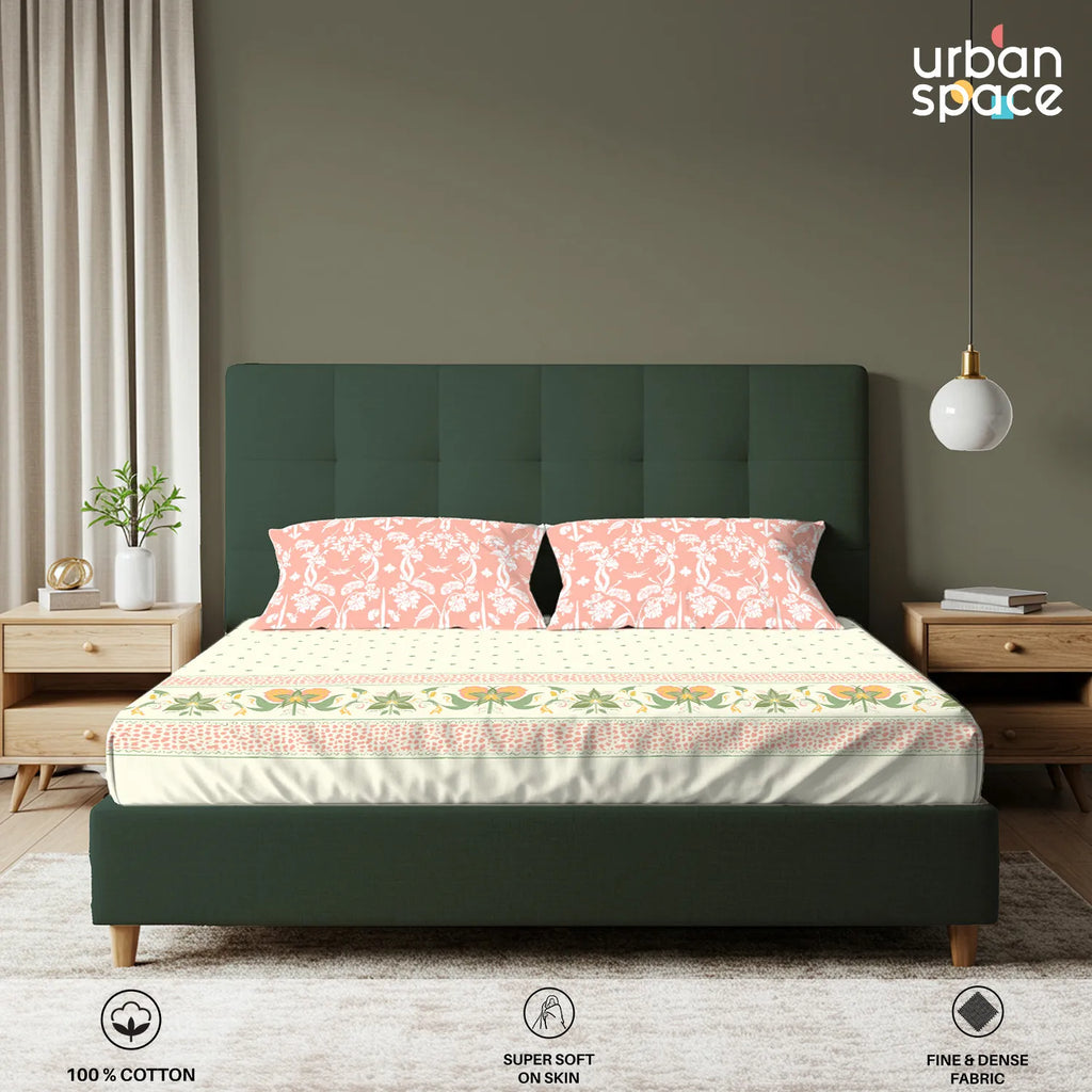 Serene 200 TC 100% Cotton Bedsheet with Pillow Covers - Ivy Bloom Peach
