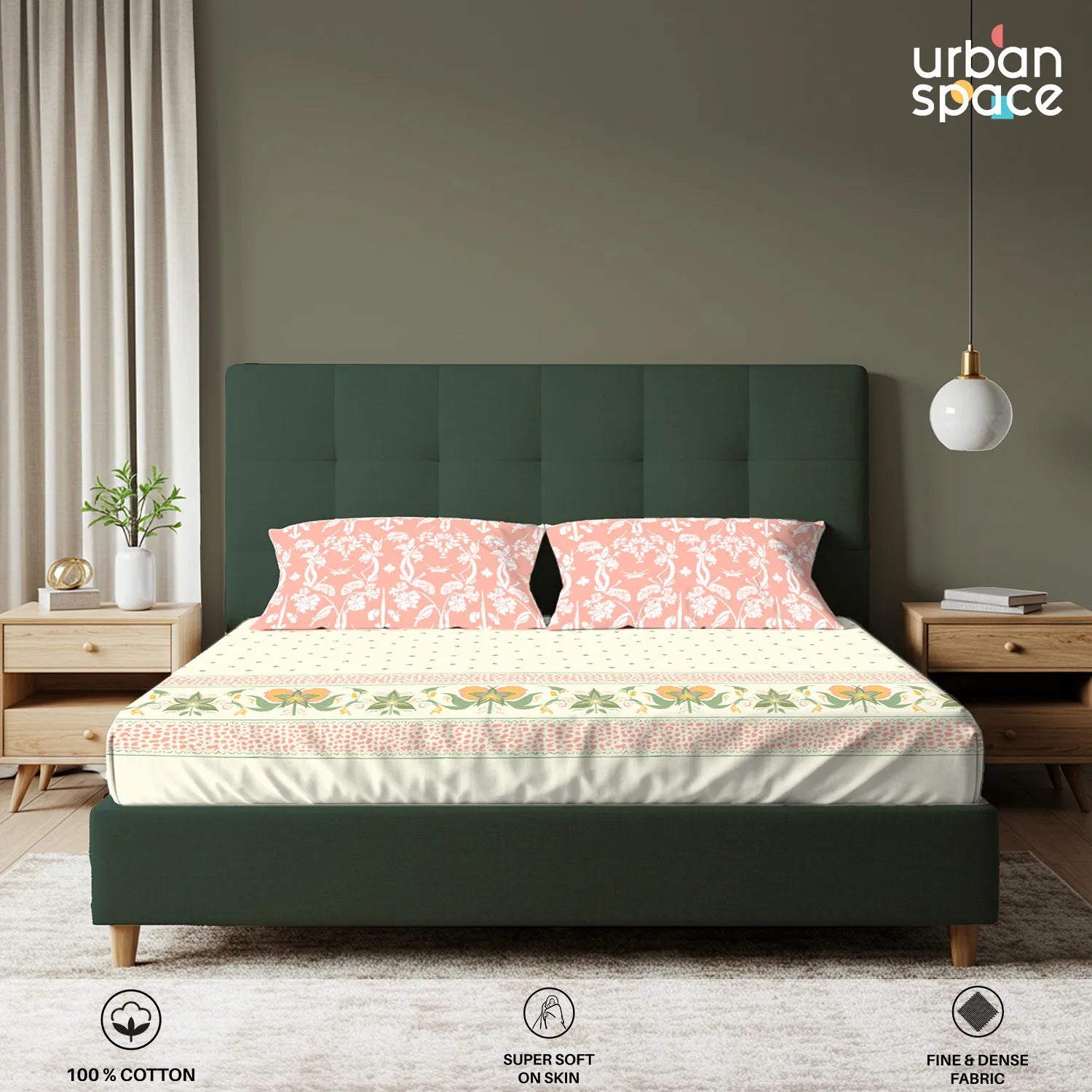 Serene 200 TC 100% Cotton Bedsheet with Pillow Covers - Ivy Bloom Peach