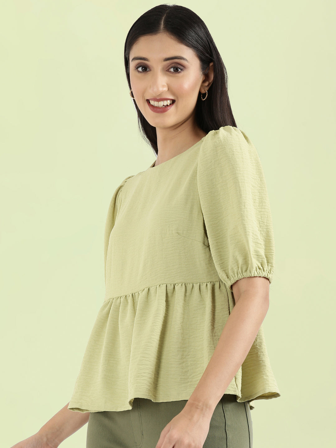 Hammered Crew Neck Peplum Top
