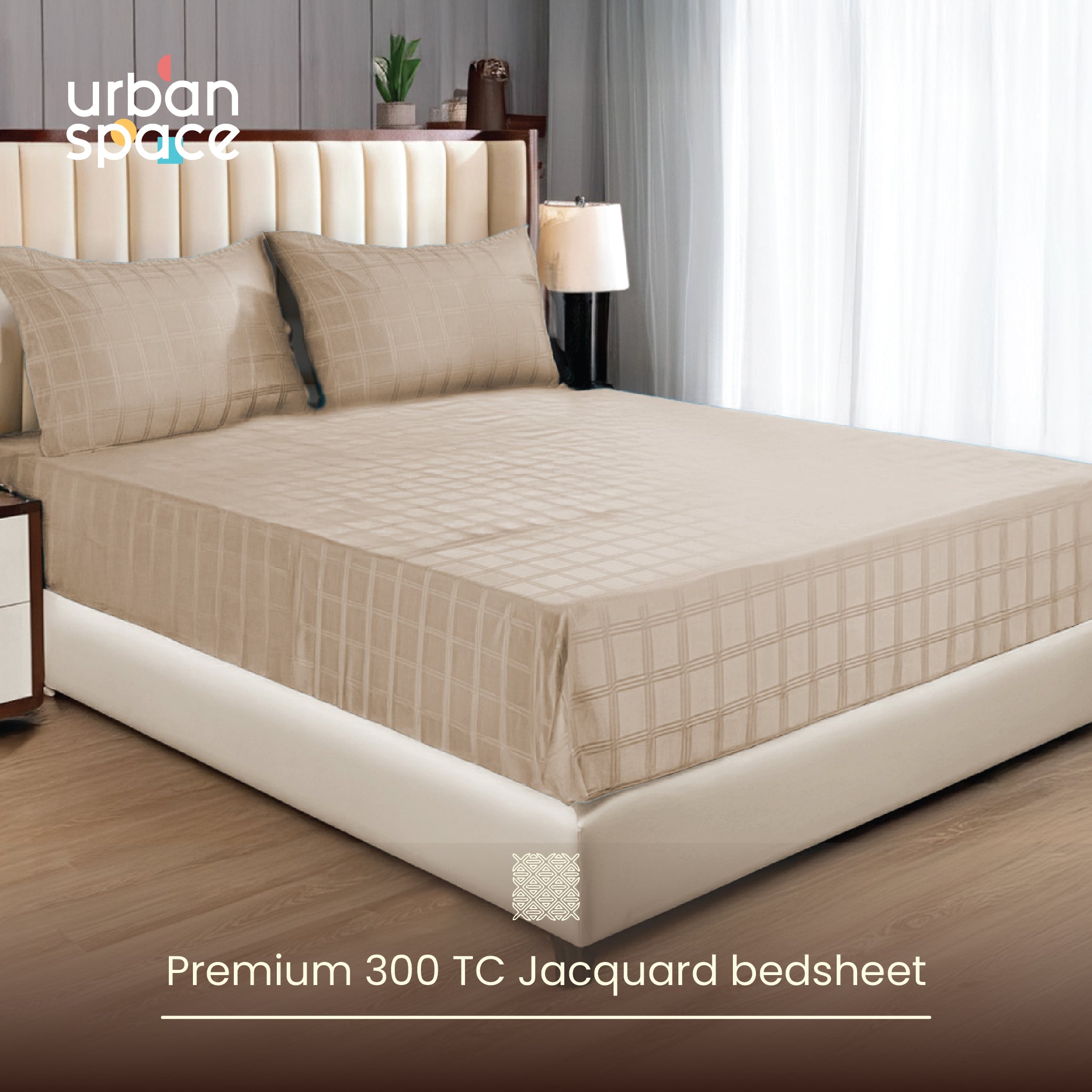 300 TC Super Soft King Bedsheet, Self Woven Checks Design - Beige Checks
