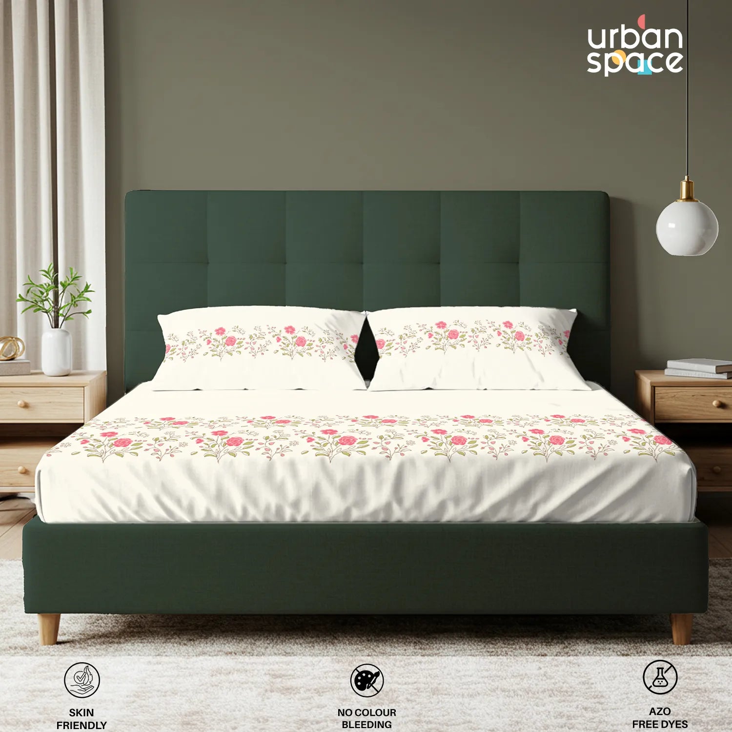 Serene 200 TC 100% Cotton Bedsheet with Pillow Covers - Poppy Blooms