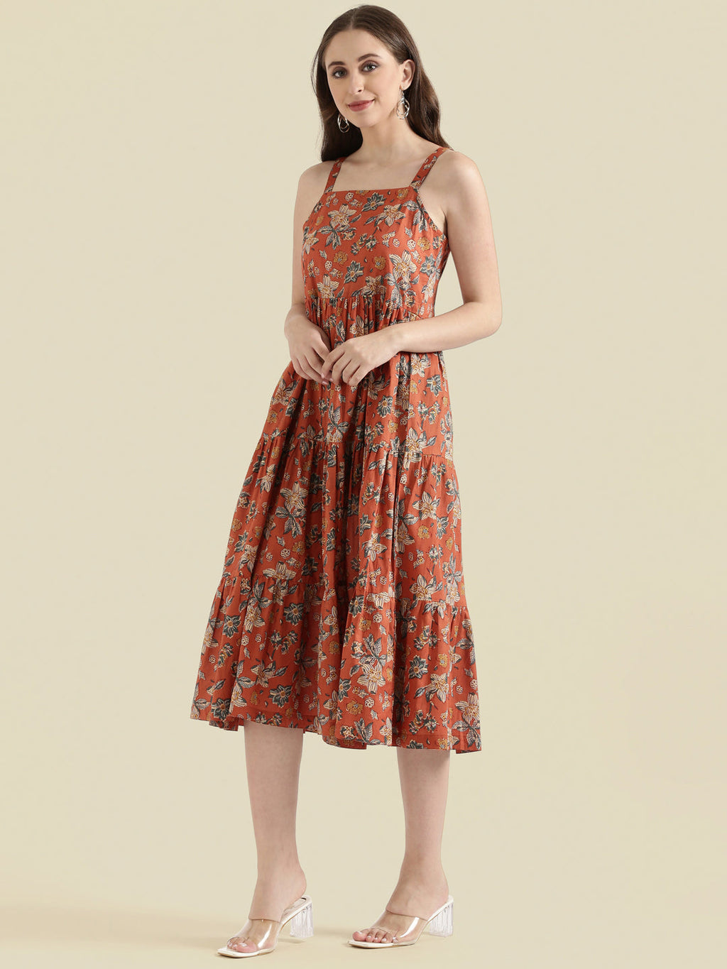 Floral Print Cotton Fit & Flare Square Neck Dress