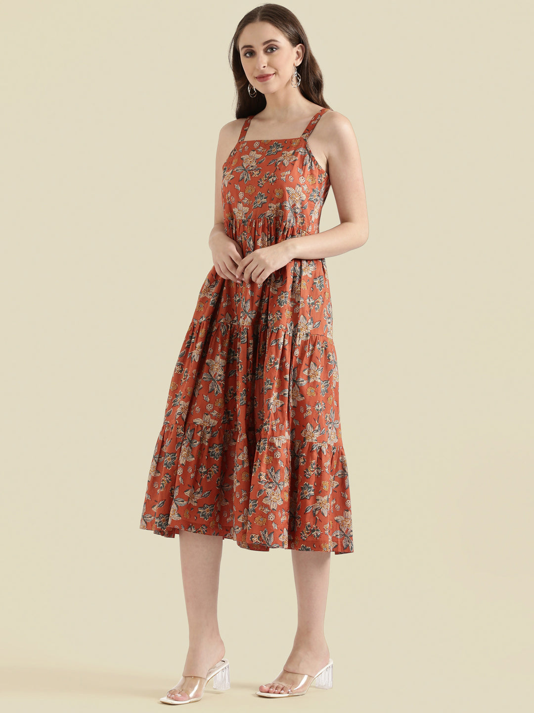 Floral Print Cotton Fit & Flare Square Neck Dress