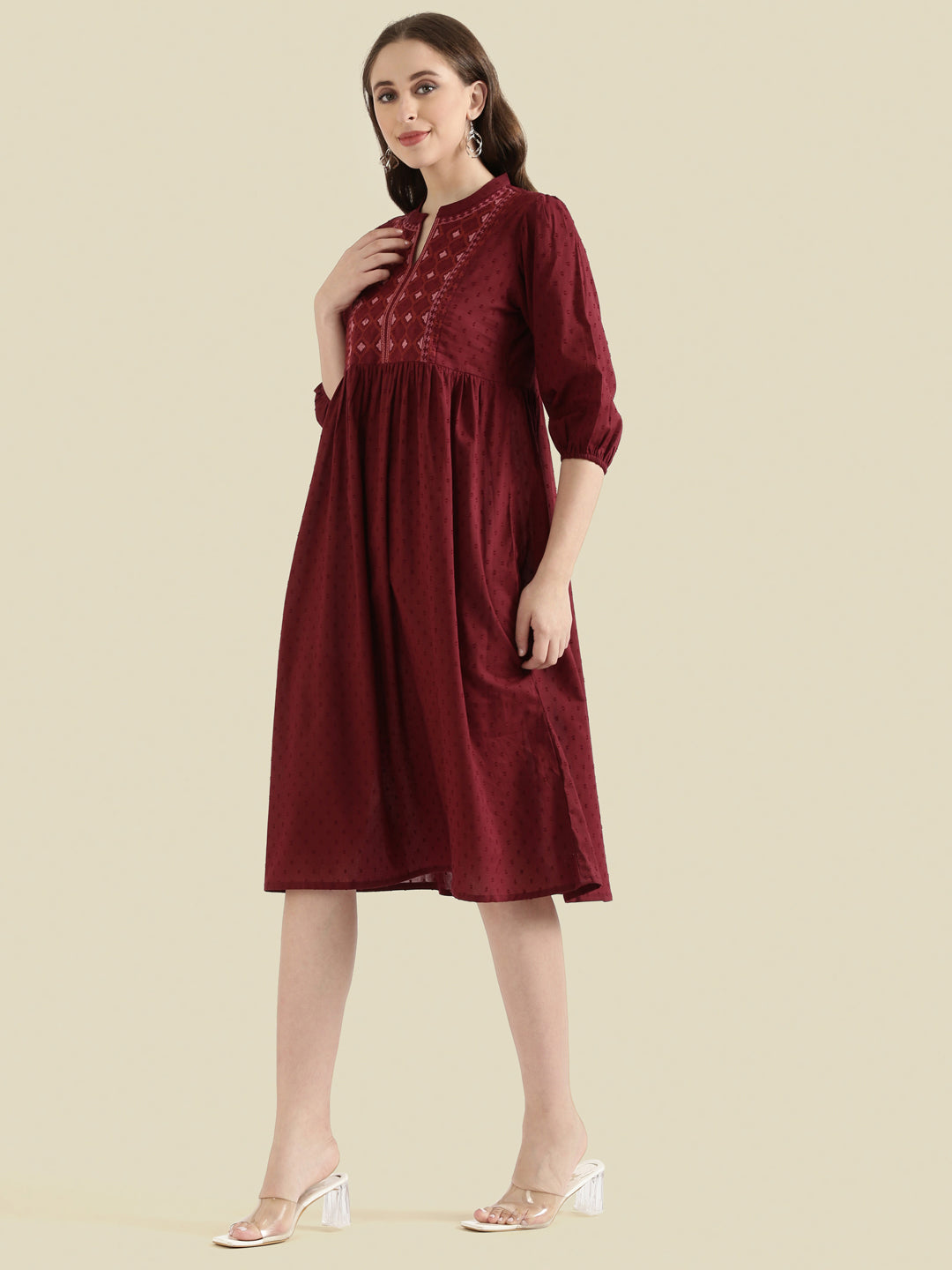 Cotton Dobby Geometric Embroidered Yoke Gathered Midi Dress