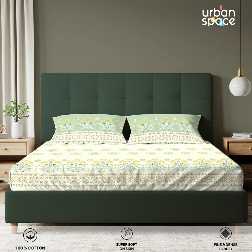 Serene 200 TC 100% Cotton Bedsheet with Pillow Covers - Malhaar Sage Green