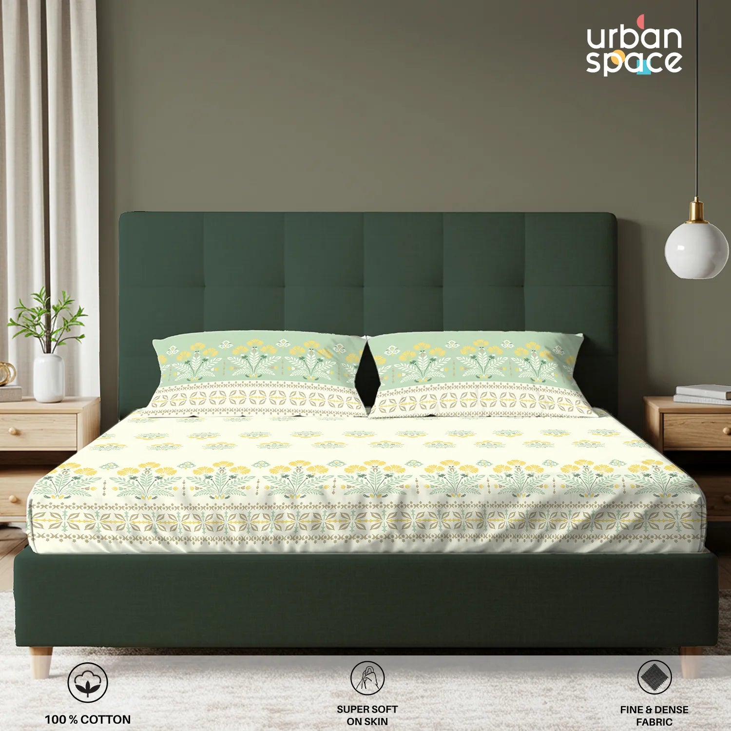 Serene 200 TC 100% Cotton Bedsheet with Pillow Covers - Malhaar Sage Green