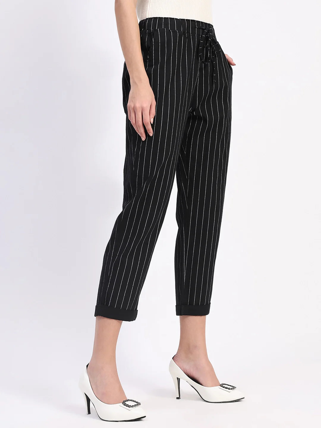 Black Striped Ankle Length Lower