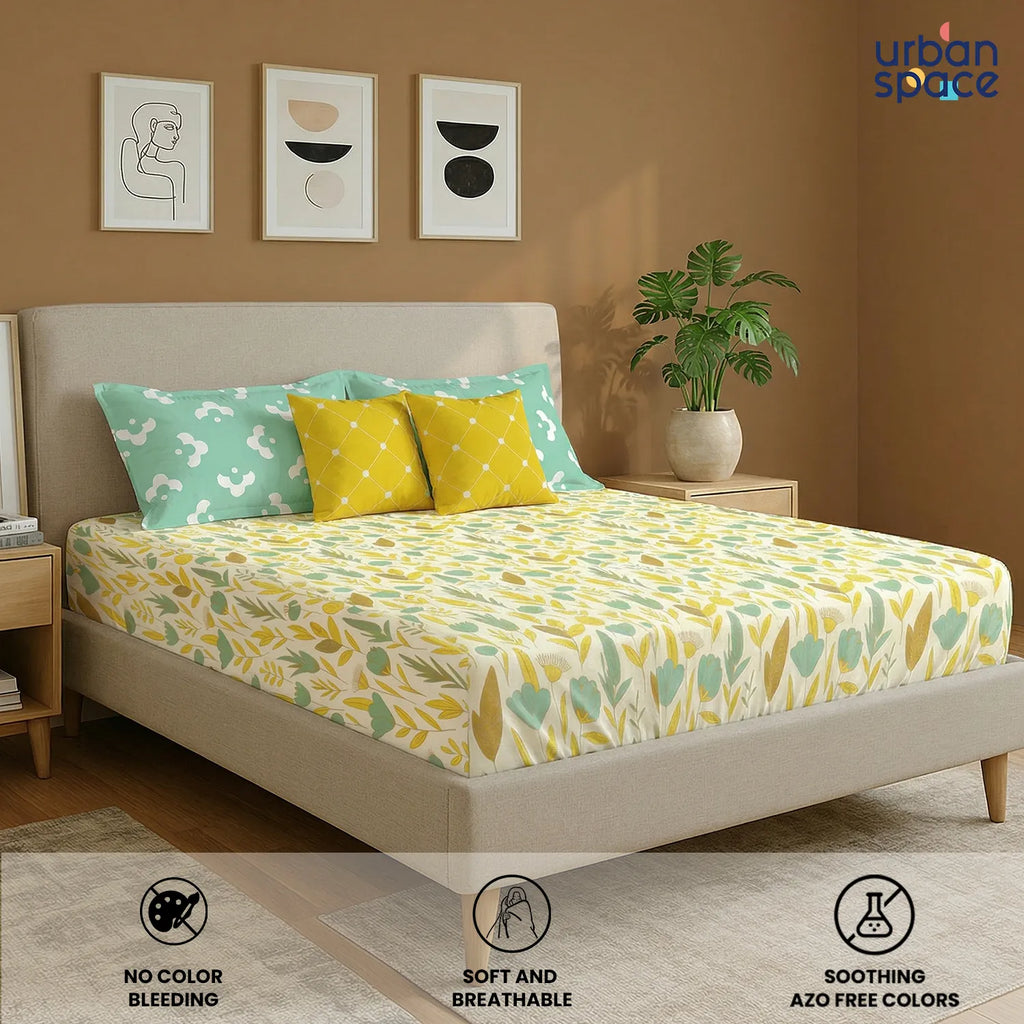 5 PC Cotton Double Bedsheet Set with 2 Pillow + 2 Cushion Covers - Mist Mint Green
