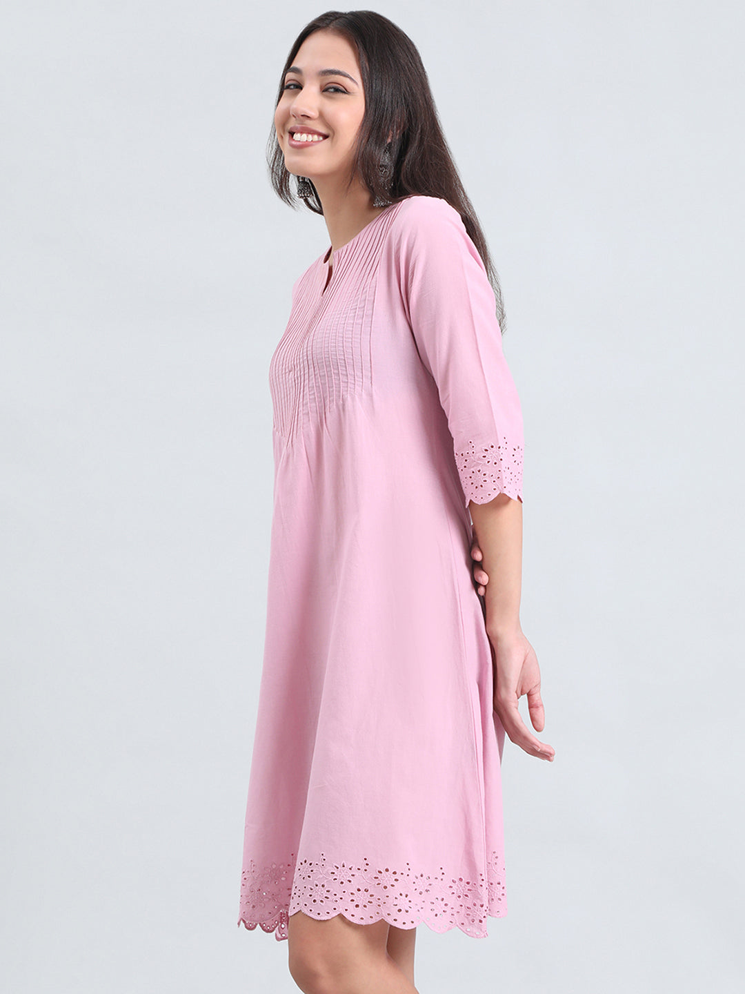 Cambric Cotton Pin-Tuck Schiffli Hakoba Midi Dress
