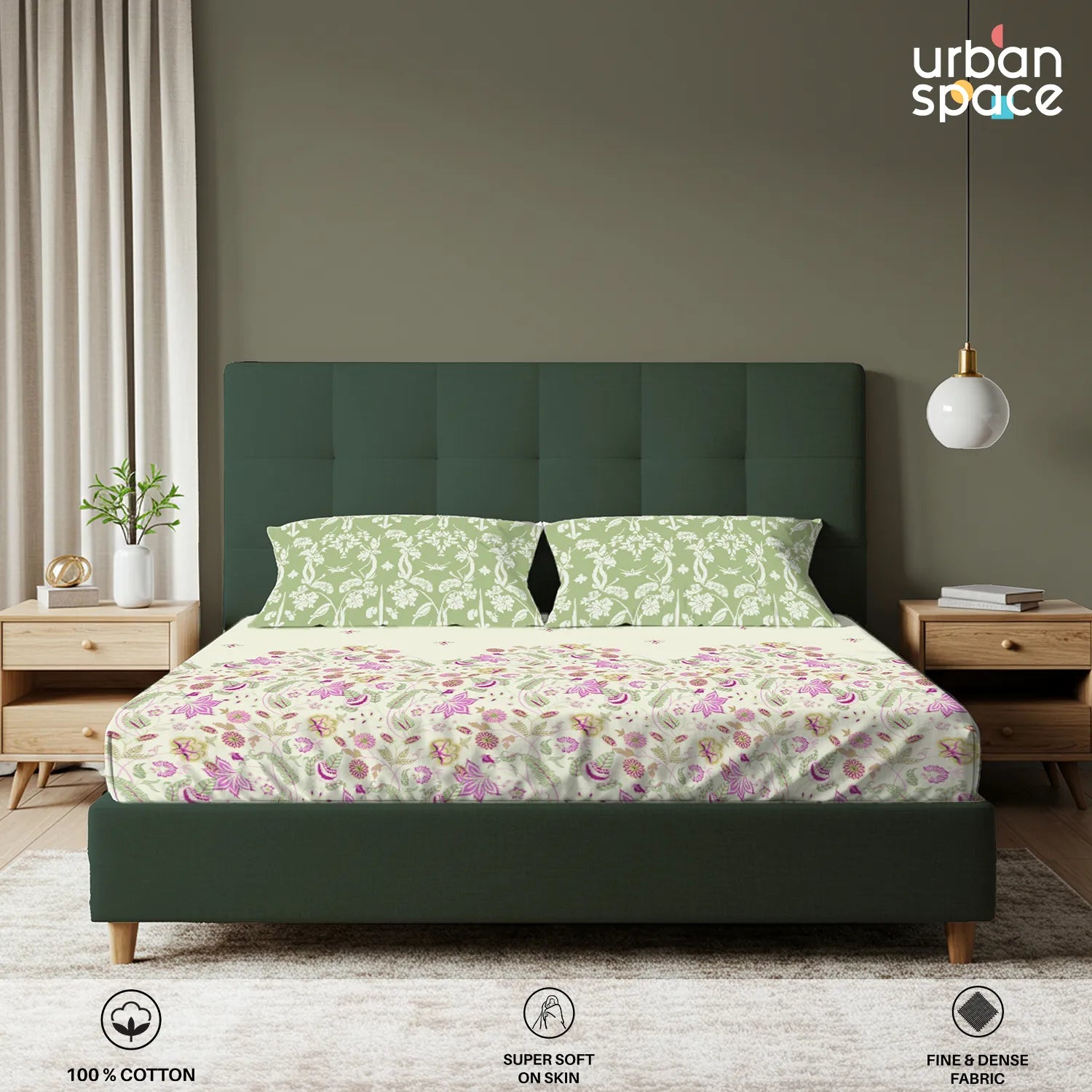 Serene 200 TC 100% Cotton Bedsheet with Pillow Covers - Vine Gardens Sage Green
