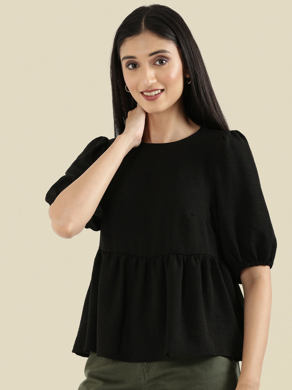 Hammered Crew Neck Peplum Top