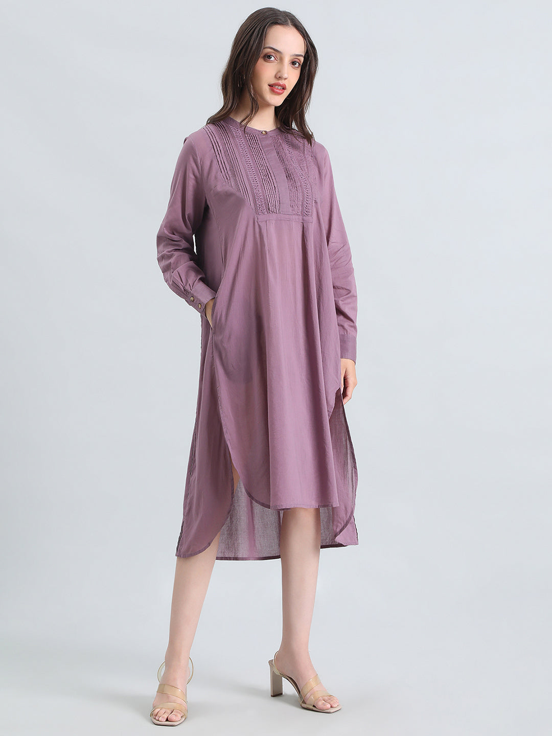 Cotton Pin-Tuck & Lace Trim Mandarin Collar Dress