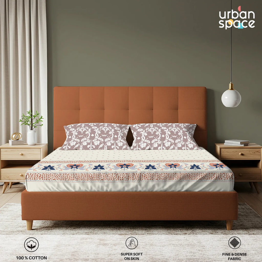 Serene 200 TC 100% Cotton Bedsheet with Pillow Covers - Ivy Bloom Terra