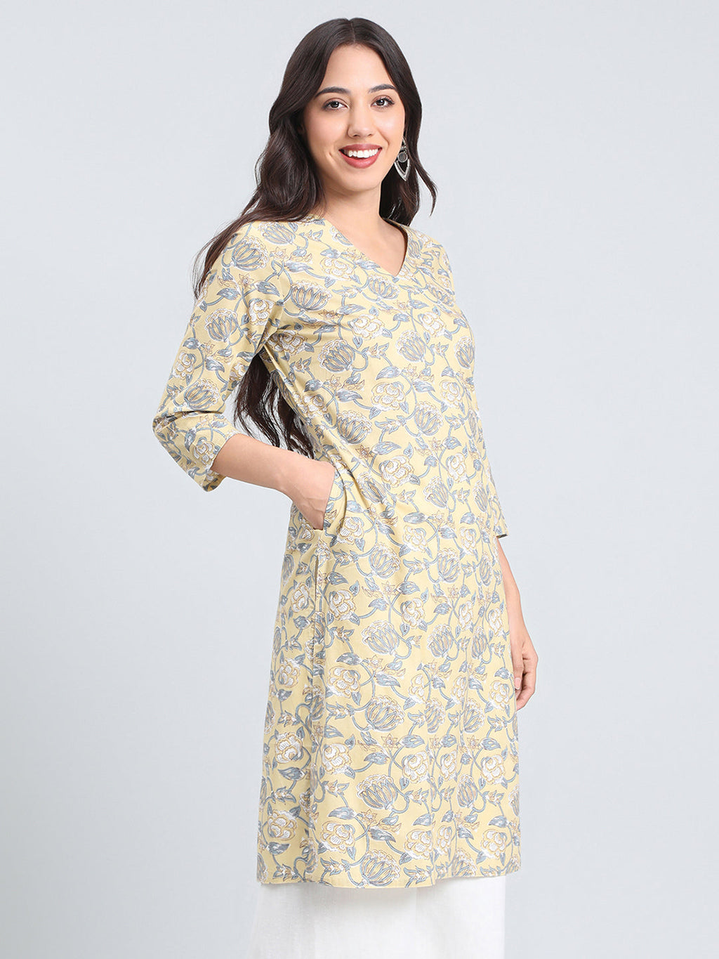 Cotton Floral Block Print Straight Kurta