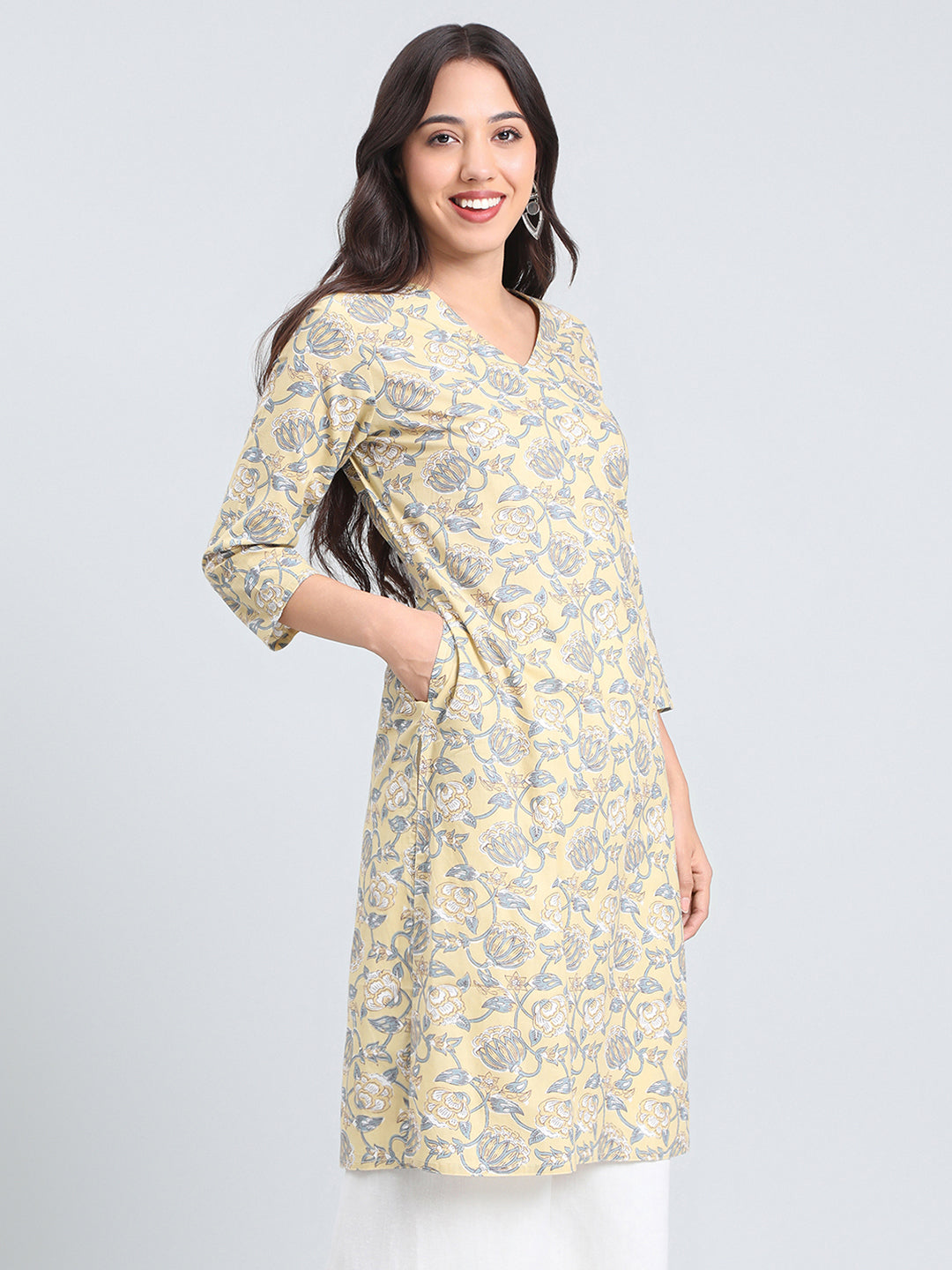 Cotton Floral Block Print Straight Kurta