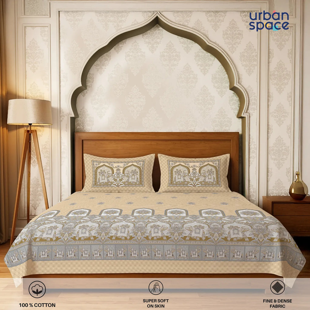 Serene 300 TC 100% Cotton Bedsheet with Pillow Covers, Panel Design - Vanraj Beige