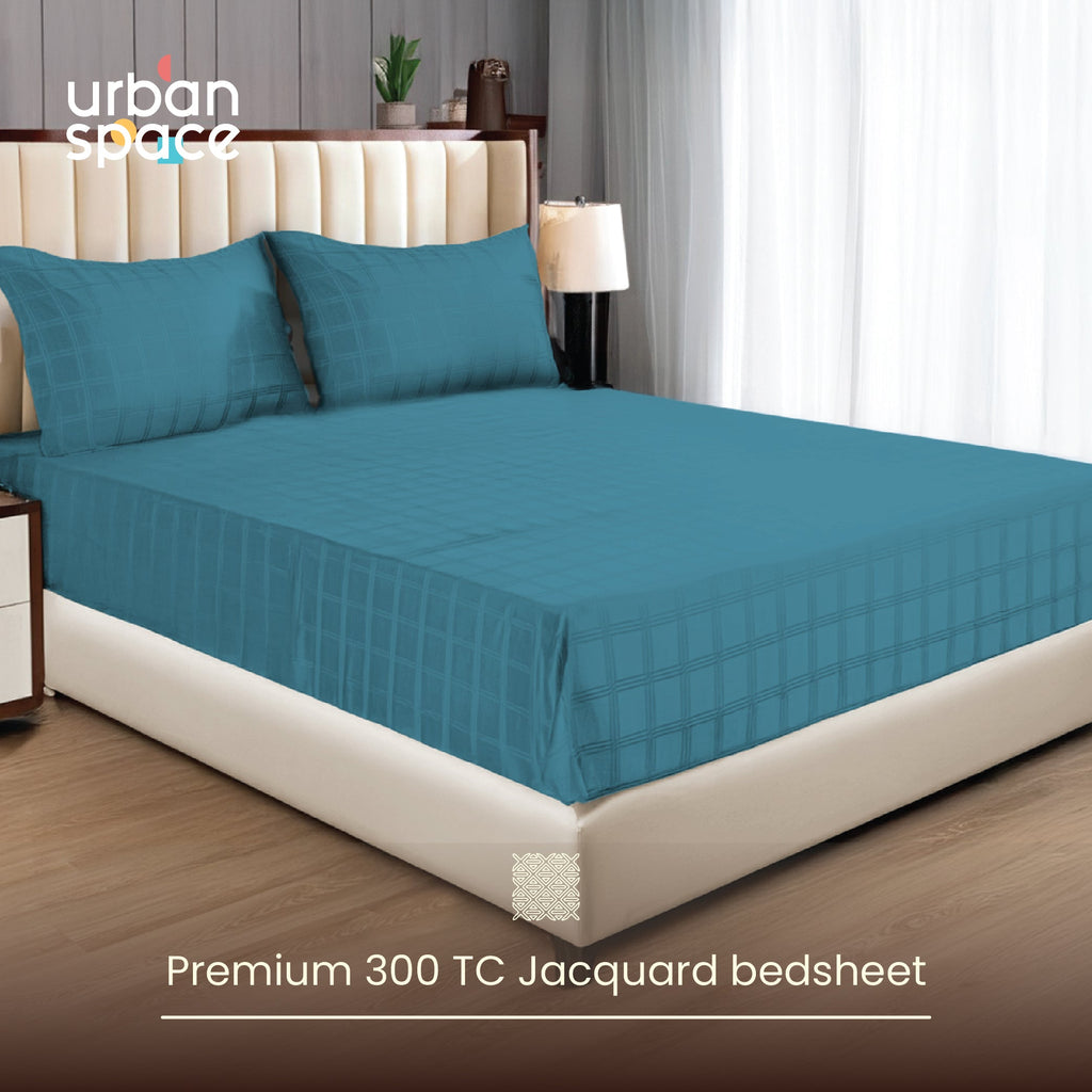 300 TC Super Soft King Bedsheet, Self Woven Checks Design - Dark Teal Checks