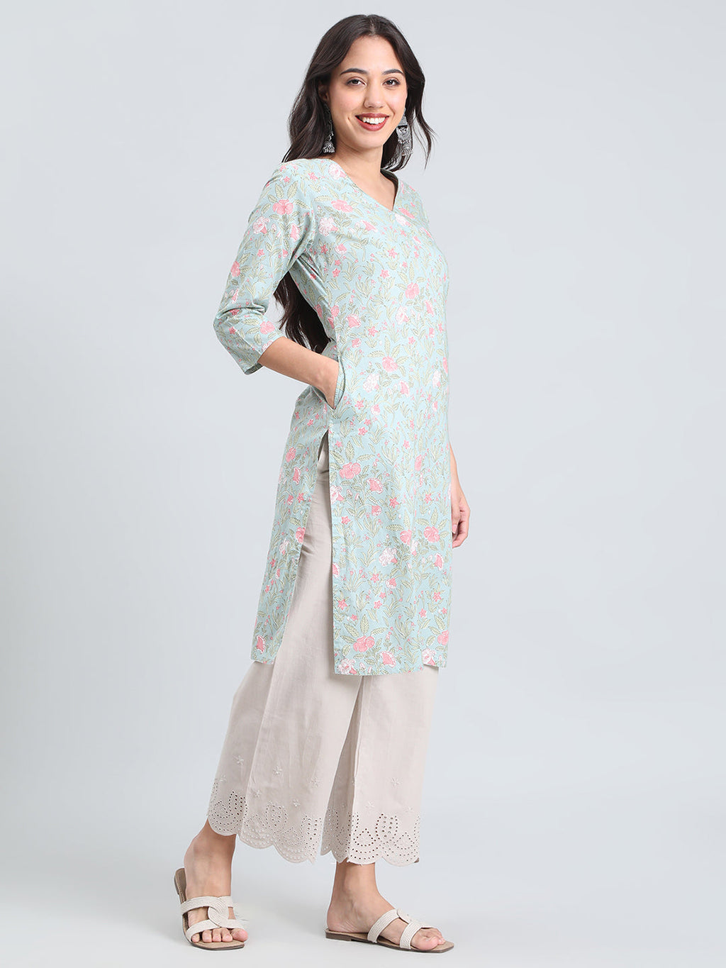 Cotton Floral Block Print Straight Kurta